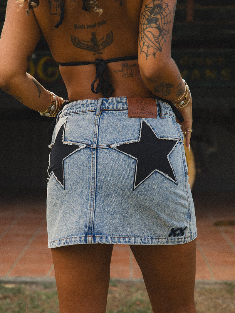 Star Studded Denim Skirt - Washed Blue