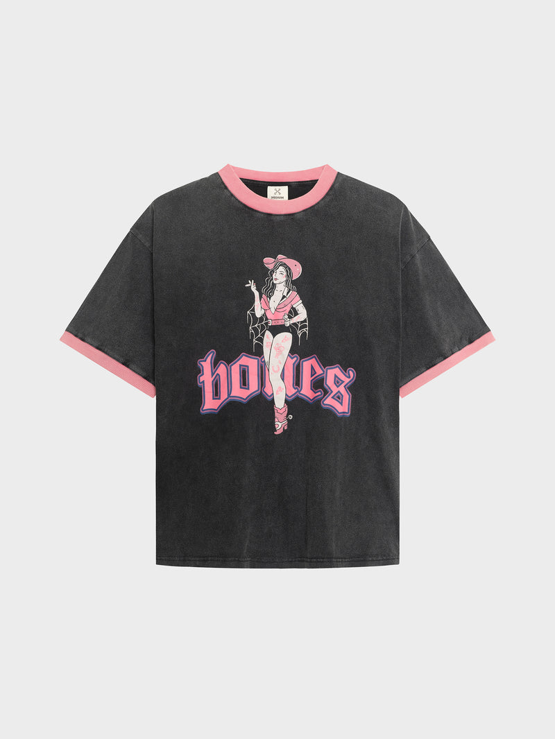 Neon Cowgirl Ringer Tee - Washed Black/Pink