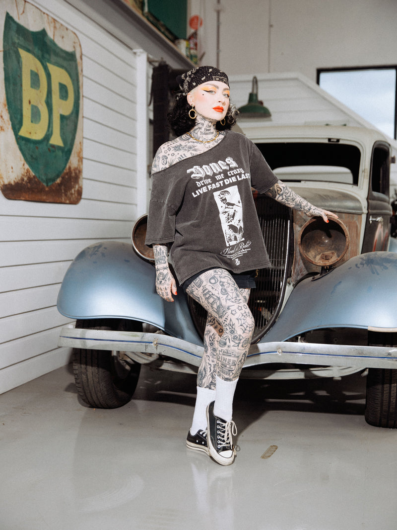 Live Fast Off Shoulder Tee - Washed Black