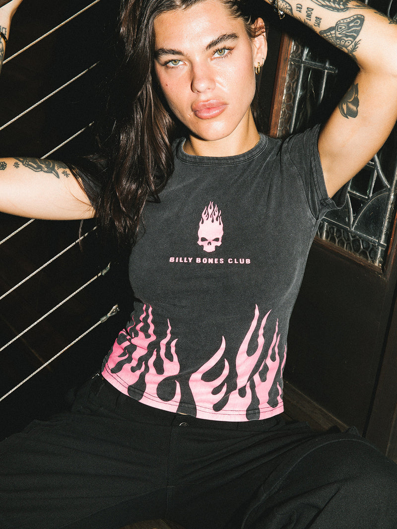 Burning Skull Baby Tee - Washed Black/Pink