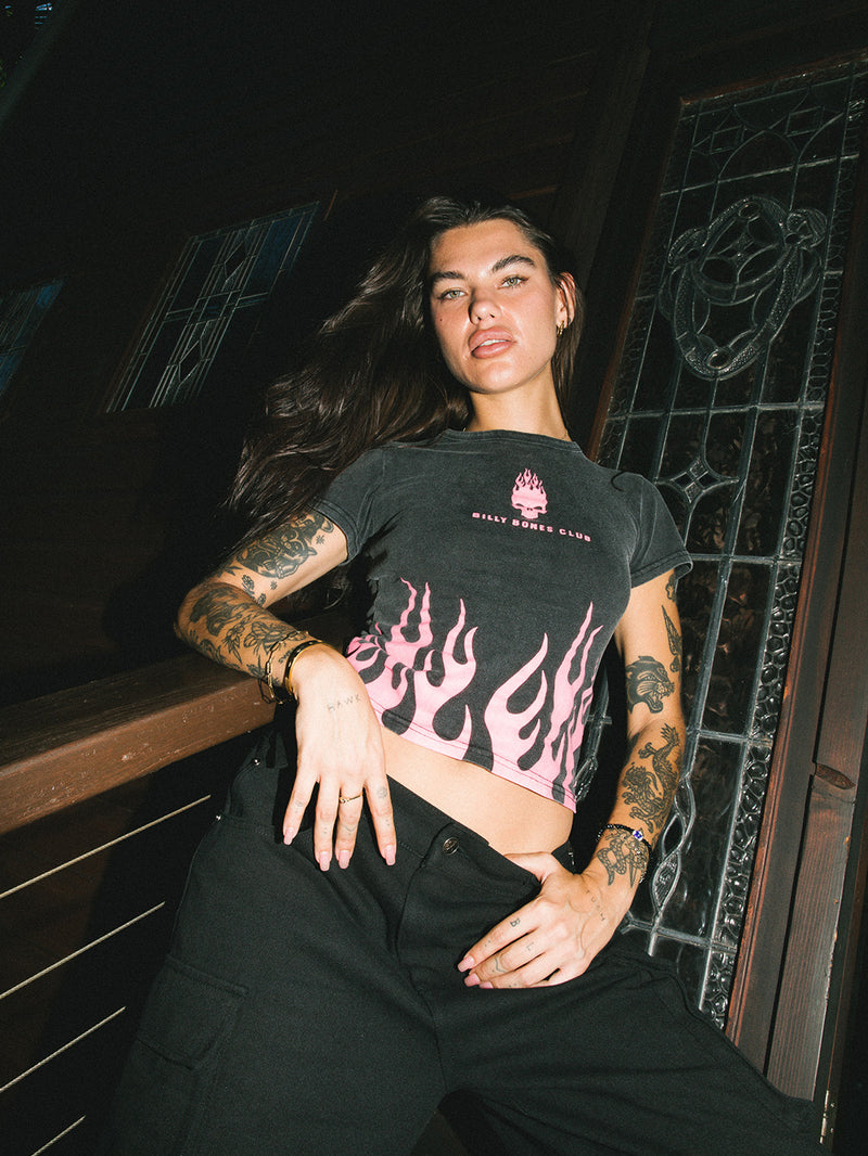 Burning Skull Baby Tee - Washed Black/Pink