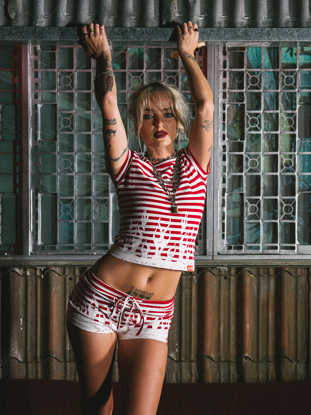 Striped Burner Hot Pants - Red