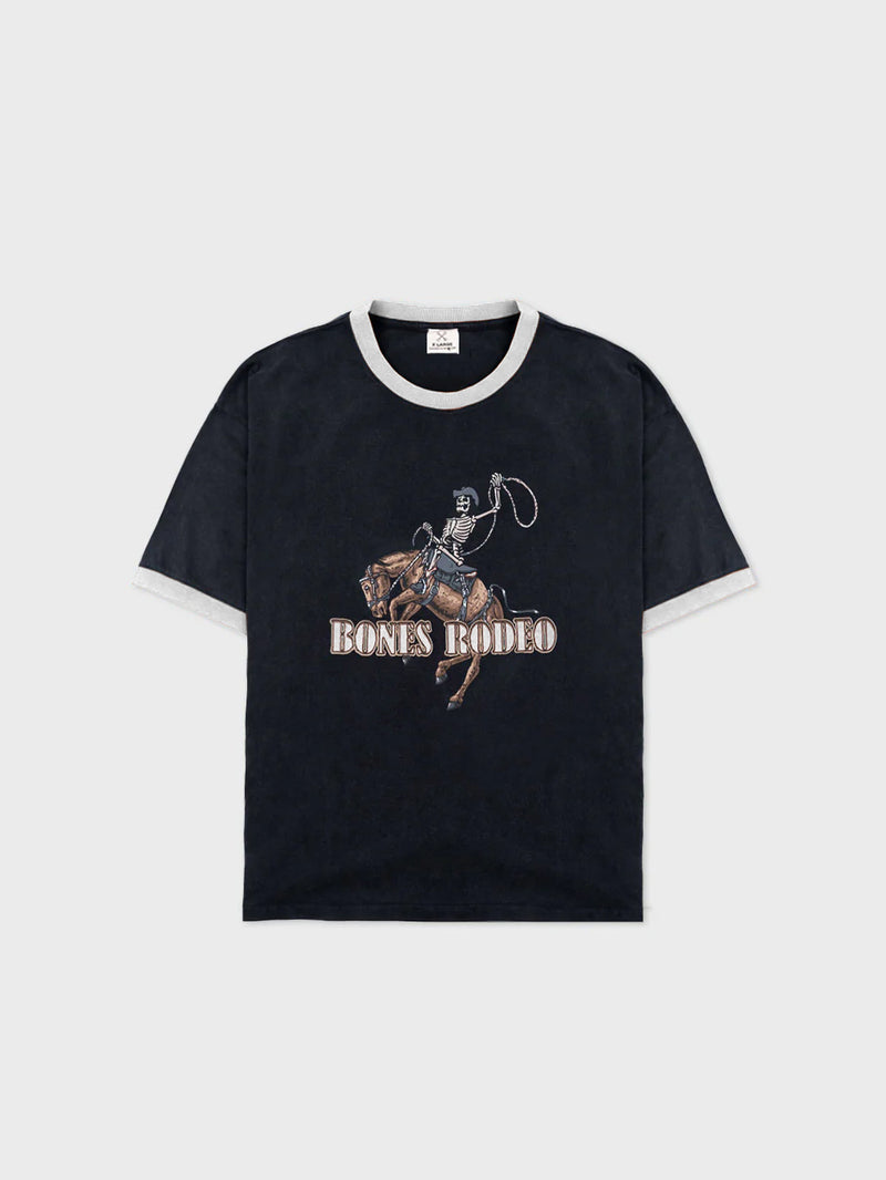 Bones Rodeo Ringer Tee - Washed Black/White